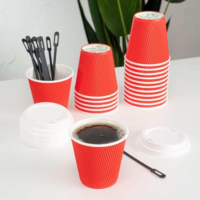 Restaurantware 8 Ounce Double Wall Disposable Coffee Cups, 500 Insulated Red Paper Tumblers with Ripple Wall Design, Lids Sold Separately for Hot Drinks like Tea, Hot Chocolate, and More