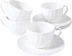 Fine Bone China Cappuccino Mugs Set of 4, 7 Oz Spiral Pattern Lightweight Ceramic, Art Coffee Cups with Saucers, for Latte, Mocha, Tea, Espresso, Macchiato, Americano