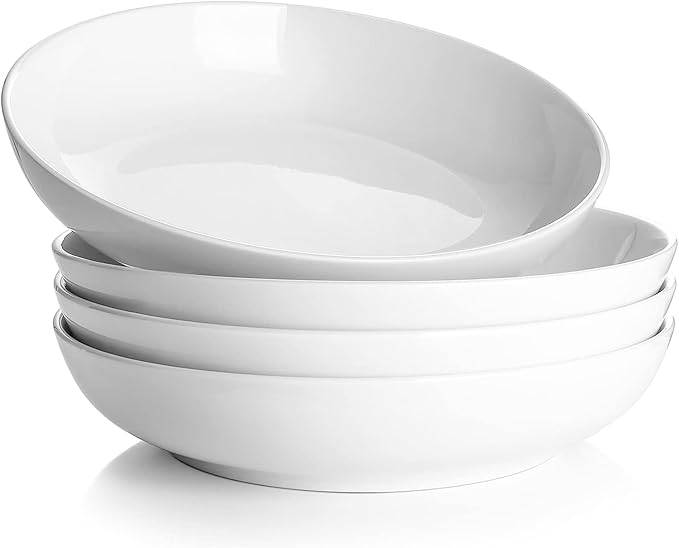 DOWAN 8.5" Pasta Bowls Set of 4, 30oz White Ceramic Shallow Dinner Bowls for Salad, Soup & Pasta, Stackable and Easy to Clean, Ideal for Everyday Use & Housewarming Gift(Soft White)
