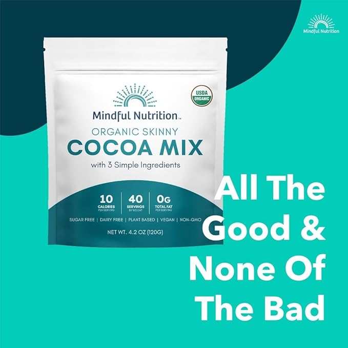 Mindful Nutrition Organic Skinny Hot Cocoa Mix - 40 Servings - Sugar Free Hot Chocolate Mix Gluten Free Dark Chocolate High Flavonoid Slimming Chocolate Powder Keto Friendly Dairy Free Vegan Low Carb
