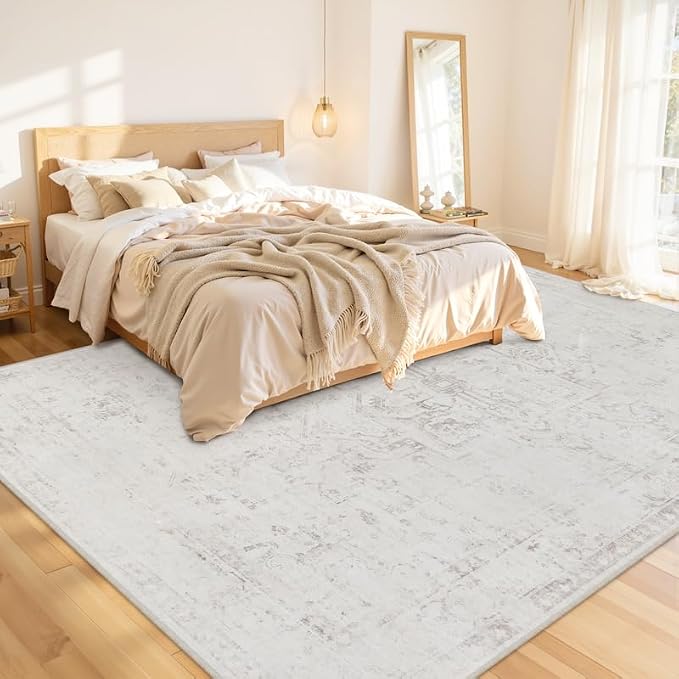 8x10 Area Rugs Living Room: Bedroom Washable Carpet Neutral Cream | Large - Image 2