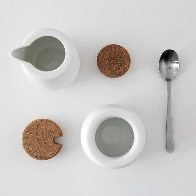 Viva Nicola White Sugar and Creamer Set, Porcelain Coffee and Tea Serving Set - Cream Pitcher and Sugar Bowl with Cork Lid and Metal Spoon, 7oz / 200ml Milk and Sugar for Coffee Bar