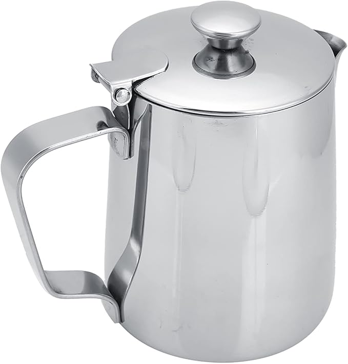 Stainless Steel Milk Frothing Pitcher, Stainless Steel Coffee Cup Mug Milk Frothing Pitcher Jug with Lid for Latte Coffee Art for Office Kitchen with handle(350ml)