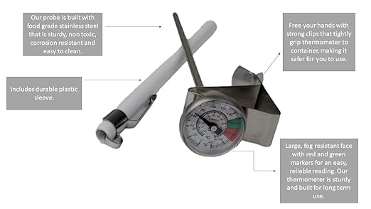 Rattleware Thermometer, Genuine Milk Frothing Thermometer and Barista Thermometer, Fast Readout and Clear Temperature Targets / 5" Probe, 1" Dial