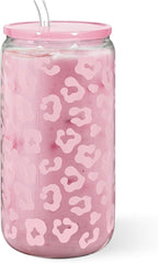 SANDJEST Leopard Glass Bottle, Pink Leopard Print Glass Cup with Lid & Straw, Iced Coffee Aesthetic Glass Can, Gifts for Women, Christmas Birthday Mother's Day