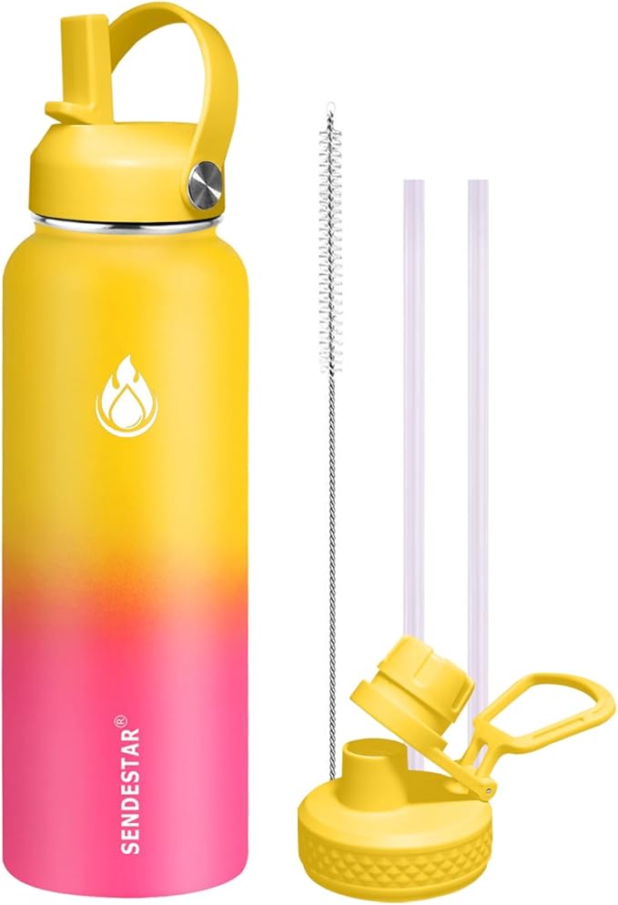 SENDESTAR Stainless Steel Water Bottle, Wide Mouth Water Bottle 32 oz with Straw Lid, Spout Lid, Double Wall Vacuum Insulated Leak Proof, Keeps Liquids Hot or Cold (Yellow&Pink)