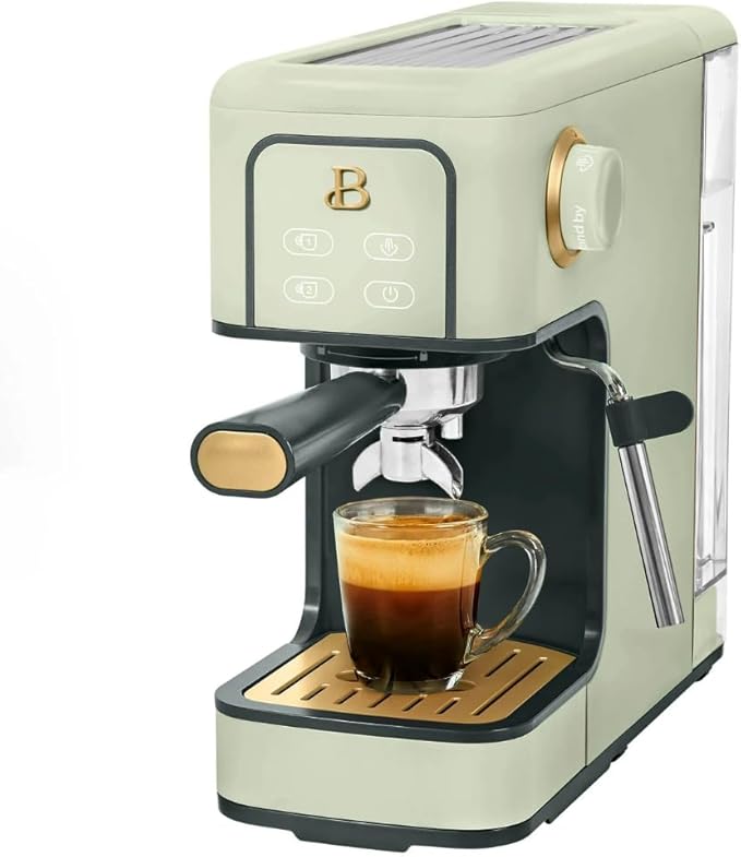 Beautiful Slim Espresso Maker by Drew Barrymore – 20‑Bar Pressure, Dual‑Spout 52 mm Portafilter, 50 oz Removable Tank, 2‑in‑1 Steam Wand & Touch Controls (Sage Green)