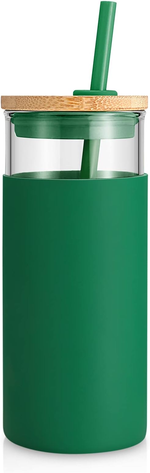 Tronco 20 oz Glass Tumbler with Lid and Straw, Reusable Iced Coffee Cup with Silicone Sleeve & Bamboo Lid, Smoothie Cup for Home,Office, for Father Men Day Gift from Wife Daughter Son (Blackish Green)