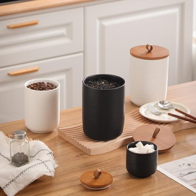 Food Storage Jar Strong Ceramic Storage Canisters with Airtight Wooden Lid,Kitchen Storage Containers for Serving Coffee Beans, Tea, Sugar, Salt, Spices (Big black)