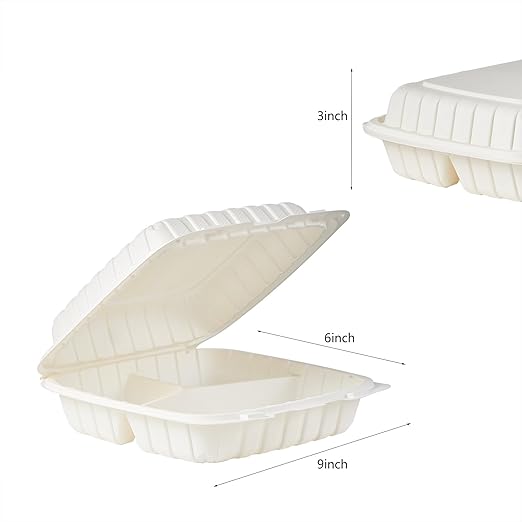 FULING 9X9 3 Compartment 50-Pack Plastic Clamshell Take Out Food Containers, Heavy Duty Disposable To-go Box For Cake, Sandwich, Salad, Dessert