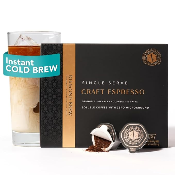 Luxury Instant Espresso - 160mg Caffeine, Hot or Iced Instant Coffees, Cold Brew Coffee, Double Shot Espresso, 12 Counts, 100% Arabica, Sugar Free, No Additives - Original Diamond Brew