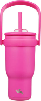 30 oz Tumbler with Side Handle, Insulated Water Bottle with Straw and 2 in 1 Lid, Stainless Steel Cup Travel Coffee Mug for Sports Office Gym,Fuchsia