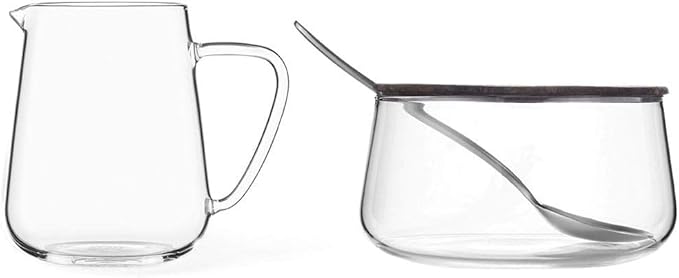 Viva Classic Glass Creamer and Sugar Set - Coffee and Tea Serving Set - Cream Pitcher 9.5 oz / 280ml and Sugar Bowl 12 oz / 350 ml with Cork Lid and Metal Spoon, Milk and Sugar for Coffee Bar