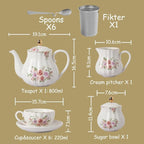 Porcelain Tea Sets British Royal Series, 8 OZ Cups & Saucer Service for 6, with Teapot Sugar Bowl Cream Pitcher Teaspoons and Tea Strainer, Suitable for High Tea, Wedding, Party（Rose Flower）