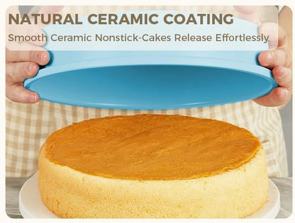 HONGBAKE 9 Inch Round Cake Pan Set of 2, Nonstick Ceramic Coating Cake Molds with Diamond Texture, Aluminized Steel Cake Pans Sets for Baking & Cheesecake, Heavy Duty & Non-Toxic (Light Blue, 2PCS)