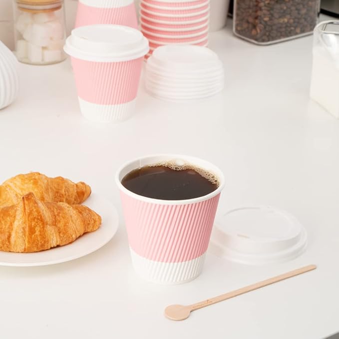 Restaurantware 8 Ounce Double Wall Disposable Coffee Cups, 500 Insulated Light Pink Paper Tumblers, with Ripple Wall Design, Lids Sold Separately for Hot Drinks like Tea, Coffee and More