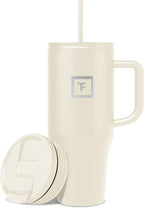 IRON °FLASK Co-Pilot Insulated Mug w/Straw & Flip Cap Lids - Cup Holder Bottle for Hot, Cold Drink - Leak-Proof - Water, Coffee Portable Travel Mug - Cashmere Cream, 32 Oz