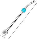 Reusable Bombilla Yerba Mate Straw - Stainless Steel Removable Spoon Style Filter with a Beautiful Bead - Metal Straw for Drinking Loose Leaf Tea - Includes Cleaning Brush(Blue)