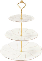 DUJUST Luxury Larger 3-Tier Cupcake Stand Tower, British Style Porcelain Serving Tray with Golden Trim, Food Grade Dessert Display Stand for Tea Party & Home Décor - 45% Larger Plates