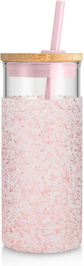 Tronco 20oz Glass Tumbler Glass Water Bottle Straw Silicone Protective Sleeve Bamboo Lid - BPA Free (Dot Pink/ 1 Pack)