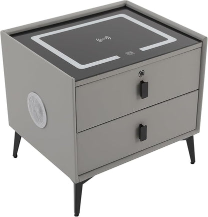 Smart Nightstand w/Fingerprint Lock Drawers, Smart Bedside Table w/USB Charging by Headery