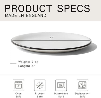 Made In Cookware - Set of 4 - Bread and Butter Plates - White With Black Rim - Porcelain - Crafted in England