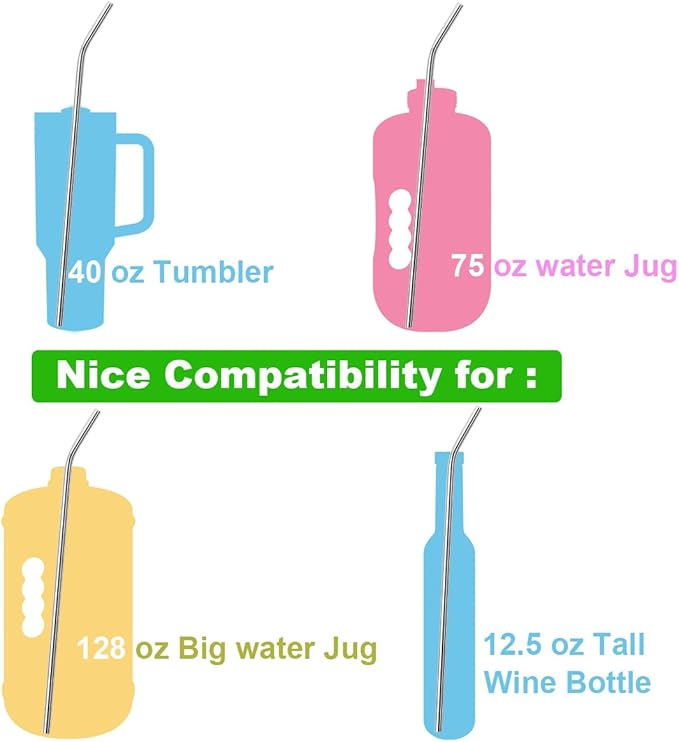 6 Pack Ultra Long Bent Metal Straws, 14 Inch Extra Long 304 Stainless Steel Reusable Drinking Straws with Cleaning Brush for 100oz Tumbler, 12.5oz Tall Wine Bottle, 64oz Water Bottle, 128oz Water Jug