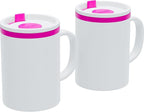 Copco Iconic 16oz Double Wall Insulated Desk Mug with Lid and Handle, Set of 2, BPA-Free Reusable Plastic, Spill-Proof, Microwave & Dishwasher Safe, Wide Mouth, Cup Holder Friendly (Pink)