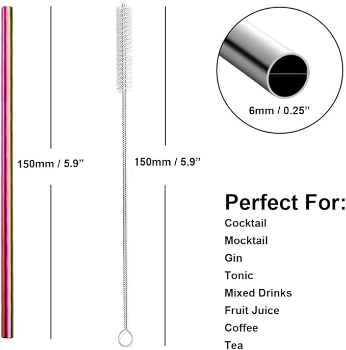 Metal Straws Short Small Mini Stainless Steel Reusable Drinking Straw for Kids Juice Cocktails Coffee Bar Party Home Office Restaurant, 150mm Length with Cleanning Brush, Colorful 16PCS