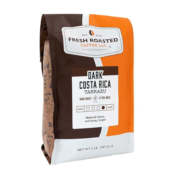 Fresh Roasted Coffee, Dark Costa Rican Tarrazu, 2 lb (32 oz), Dark Roast, Kosher, Whole Bean