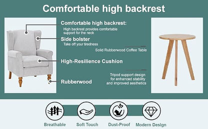 Coffee Table Armchair Set, High Back Reading Chair Solid Wood Side Table for - Image 6