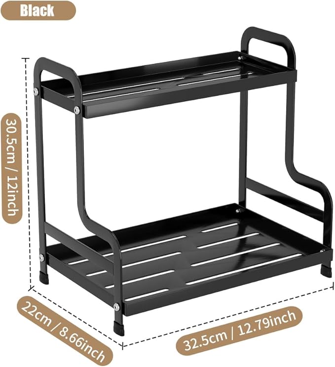 KISKIS Coffee Mug Cup Holder Space Saving 2-Tier Sturdy Stable Metal Storage Shelf, Prevent Falling Scratch Resistant Kitchen Rack Office Bathroom Desktop Organizer,Black
