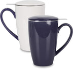 amhomel Porcelain Tea Mug with Infuser and Lid, 16 Ounce Ceramic Tea Cup for Loose Leaf, Coffee, Cocoa and Milk, Tea Gift for Tea Lovers, Set of 2(Navy Blue and White)