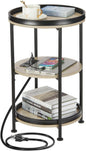 Dulcii Round Side Table with Charging Station, End Table with 3 Shelves by Zexvida