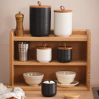 Food Storage Jar Strong Ceramic Storage Canisters with Airtight Wooden Lid,Kitchen Storage Containers for Serving Coffee Beans, Tea, Sugar, Salt, Spices (Medium black)