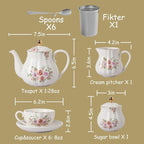 Porcelain Tea Sets British Royal Series, 8 OZ Cups & Saucer Service for 6, with Teapot Sugar Bowl Cream Pitcher Teaspoons and Tea Strainer, Suitable for High Tea, Wedding, Party（Morning glory）