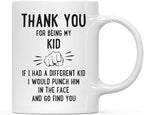 Andaz Press Funny Family 11oz. Coffee Mug Gift, Thank You for Being My Kid, Punch in Face, 1-Pack, Christmas Birthday Drinking Cup Present Ideas
