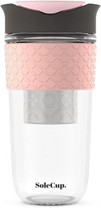 Large Travel Mug Loose Tea Infuser - Detachable Tea Strainer with Spill Proof Lid - 18oz/530ml BPA-Free Reusable Glass Travel Coffee Cup with Silicone Band (Pink) (Grey and Pink)