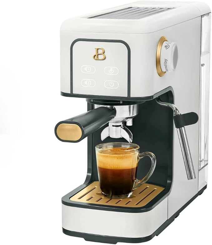 Beautiful Slim Espresso Maker by Drew Barrymore – 20‑Bar Pressure, Dual‑Spout 52 mm Portafilter, 50 oz Removable Tank, 2‑in‑1 Steam Wand & Touch Controls (White Icing)
