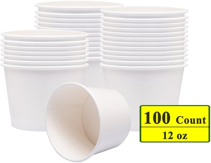 Paper Ice Cream Cups, Paper Hot/Cold Soup Cups - 100 Count Cups (White) (12 oz)
