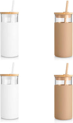 Tronco 20 oz Glass Tumbler Glass Water Bottle Straw Silicone Protective Sleeve Bamboo Lid - BPA Free -White Amber/ 4 Pack