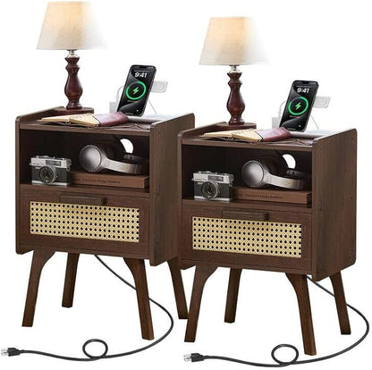Lerliuo Rattan Nightstand with Charging Station, Walnut Bedside Table with by Lerliuo