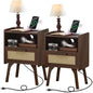 Lerliuo Rattan Nightstand with Charging Station, Walnut Bedside Table with by Lerliuo