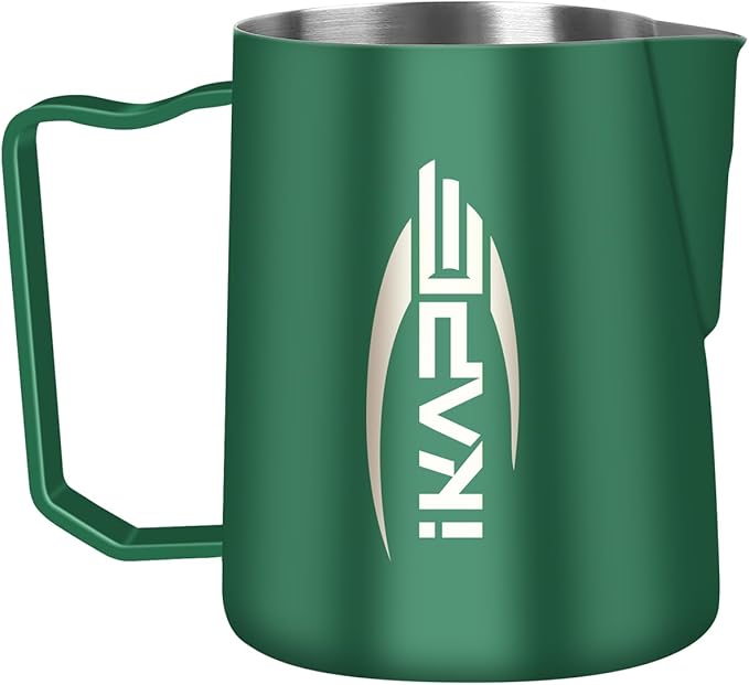 IKAPE Espresso Milk Pitcher, Espresso Steaming Pitcher with Sharp Spout for Espresso Barista Tool, 15.4 oz/450ml Milk Frothing Jug (Green)