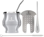 Yerba Mate Cup - Mate Gourd Set Includes Double Walled Stainless Steel Tea Cup, Tea Shaper set, Bombilla Straws, Cleaning Brush (Silver)