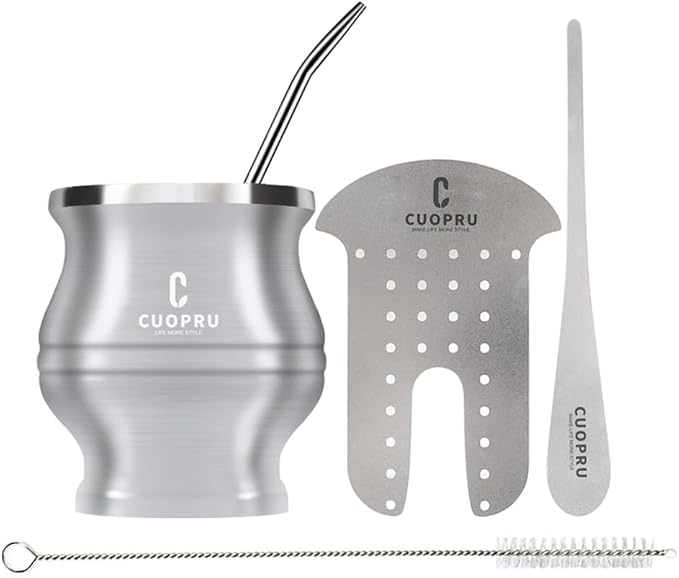 Yerba Mate Cup - Mate Gourd Set Includes Double Walled Stainless Steel Tea Cup, Tea Shaper set, Bombilla Straws, Cleaning Brush (Silver)