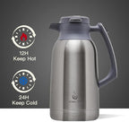 IDEUS Thermal Coffee Carafe 68oz (2,000ml), Stainless Steel Double Wall Insulated Vacuum Flask, Water Jug Coffee Server and Beverage Dispenser, Heat and Cold Retention (Metallic, 68oz (2,000ml))