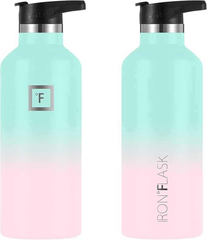 IRON °FLASK Camping & Hiking Hydration Canteens - 3 Lids (Narrow Straw Lid) Leak Proof Vacuum Insulated Stainless Steel - Hot & Cold Double Walled Sports Water Bottle - Bubble Gum, 32 Oz