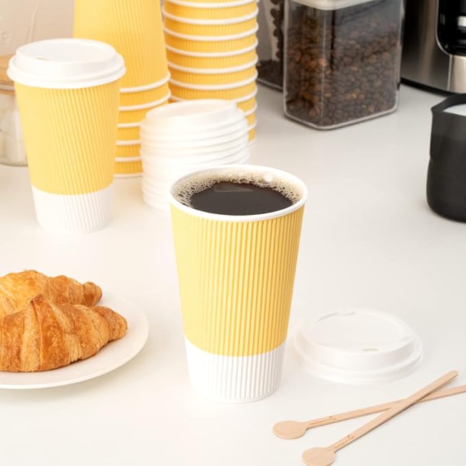 Restaurantware 16 Ounce Double Wall Disposable Coffee Cups, 500 Insulated Light Yellow Paper Tumblers with Ripple Wall Design, Lids Sold Separately for Hot Drinks like Tea, Hot Chocolate and More