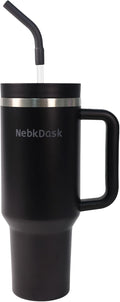 40 oz Water Bottle with Handle & Straw – Insulated Stainless Steel Bottle, Leakproof, Fits in Cup Holder – Reusable Cold Drink Thermos for Women & Men (Black)